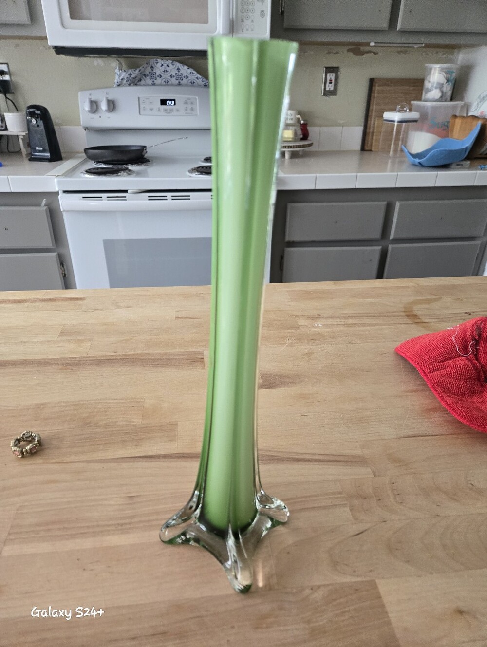 Vintage Green With White Tall Glass Bud  Vase